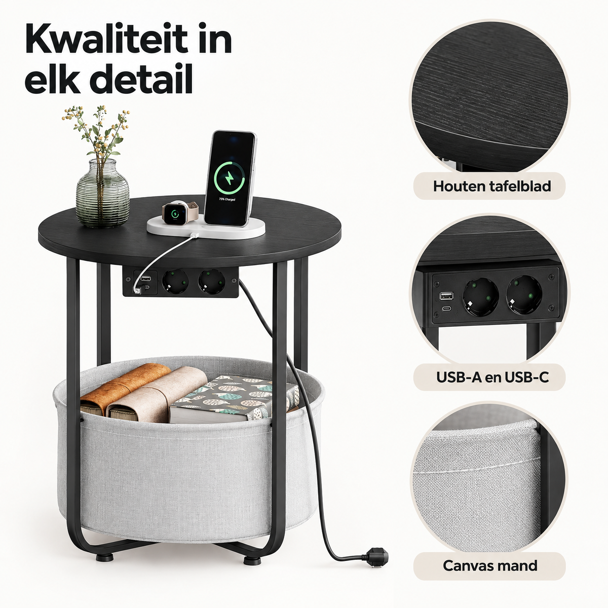Detail van materiaal en afwerking van ronde bijzettafel met stopcontact