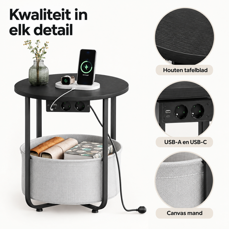 Detail van materiaal en afwerking van ronde bijzettafel met stopcontact