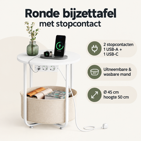 Overzicht van ronde bijzettafel met stopcontact met de belangrijkste productvoordelen