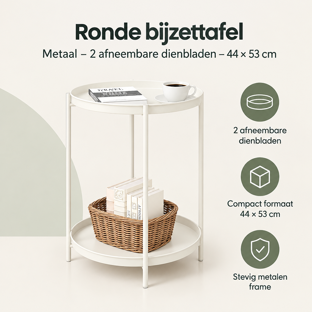 Overzicht van ronde bijzettafel met de belangrijkste productvoordelen