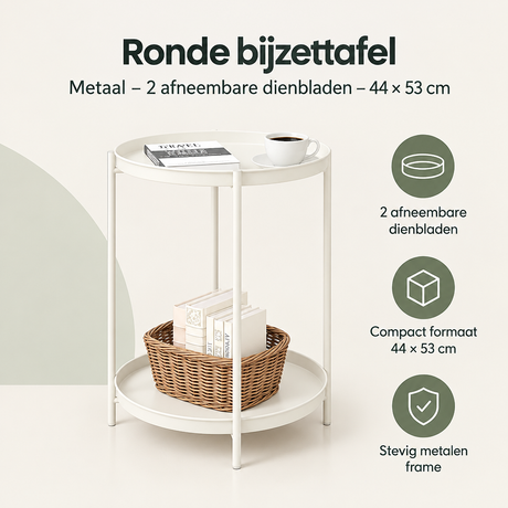 Ronde metaal bijzettafel met twee afneembare dienbladen, 44x53 cm, overzicht van kernvoordelen van BukkitBow.