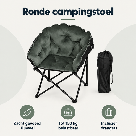 Overzicht van ronde campingstoel met de belangrijkste productvoordelen