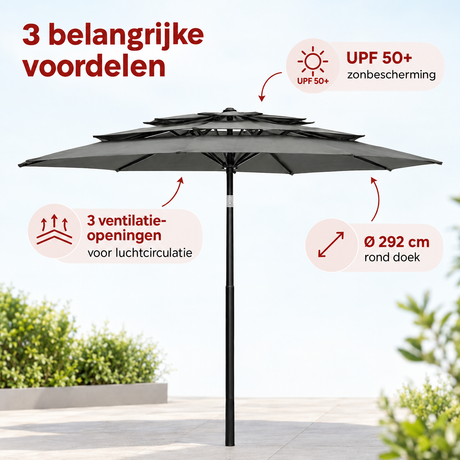 Donkergrijze stokparasol met diameter 292 cm, kantelbaar met slinger, van BukkitBow, biedt schaduw en bescherming tegen de zon.