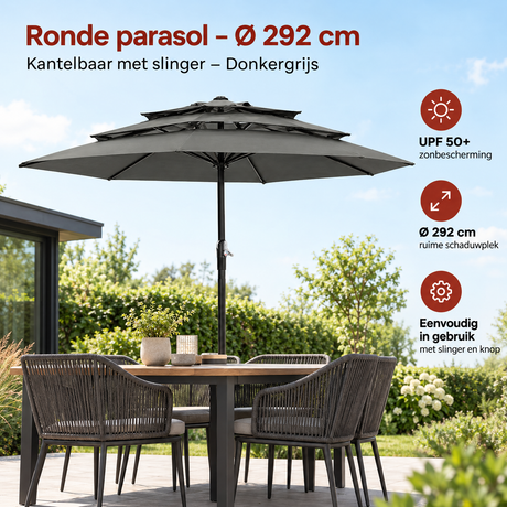 Ronde stokparasol van BukkitBow, Ø 292 cm, donkergrijs, kantelbaar met slinger, geschikt voor buitengebruik