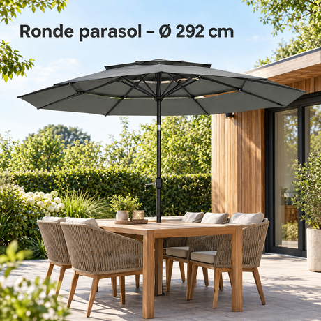 Ronde stokparasol van BukkitBow, donkergrijs, Ø 292 cm, kantelbaar met slinger, geschikt voor buitengebruik