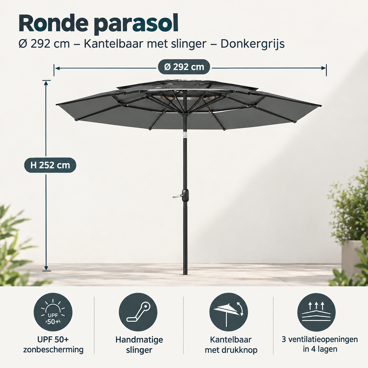 Donkergrijze BukkitBow stokparasol met ronde vorm, 292 cm doorsnede, kantelbaar met slinger, geschikt voor buitengebruik