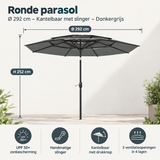 Donkergrijze BukkitBow stokparasol met ronde vorm, 292 cm doorsnede, kantelbaar met slinger, geschikt voor buitengebruik