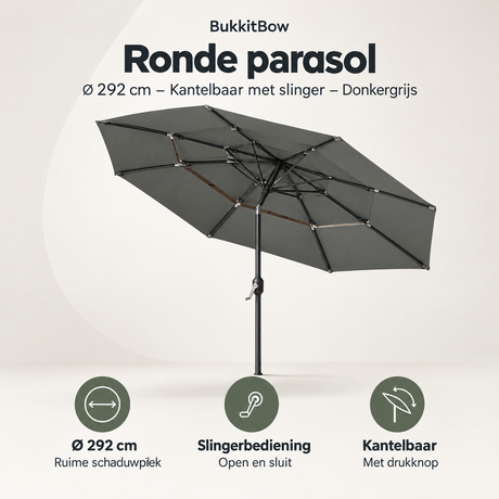 Ronde stokparasol van BukkitBow, Ø 292 cm, donkergrijs, kantelbaar met slinger voor schaduw en comfort.