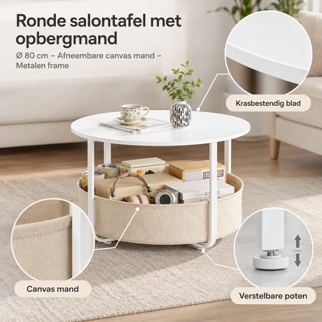 Ronde salontafel met opbergmand van BukkitBow, Ø 80 cm, metalen frame en afneembare canvas mand voor modern interieur.