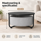 Ronde salontafel met opbergmand van BukkitBow, Ø 80 cm, metalen frame en afneembare canvas mand voor opslag.