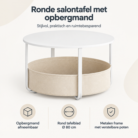 Ronde salontafel met opbergmand van BukkitBow, Ø 80 cm, metalen frame en afneembare canvas mand voor stijlvolle opbergruimte.
