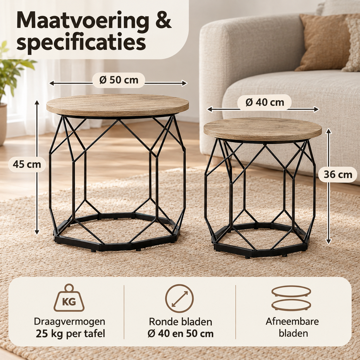 Afmetingen en productspecificaties van ronde salontafel set van 2