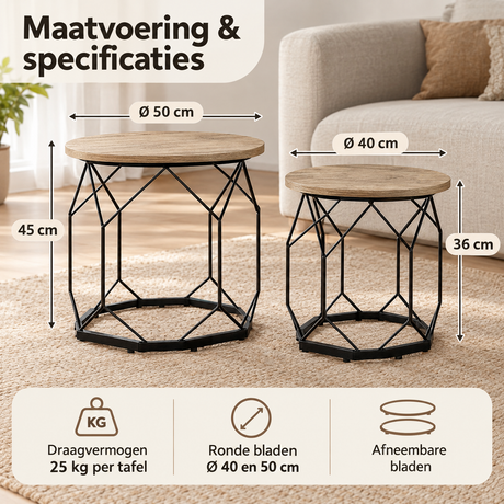 Afmetingen en productspecificaties van ronde salontafel set van 2