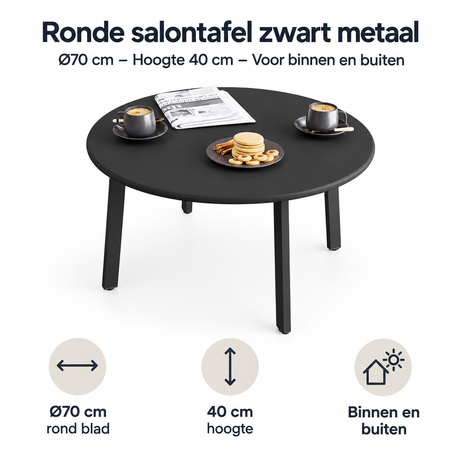 Ronde zwarte metalen salontafel van BukkitBow met diameter 70 cm en hoogte 40 cm, geschikt voor binnen en buiten.
