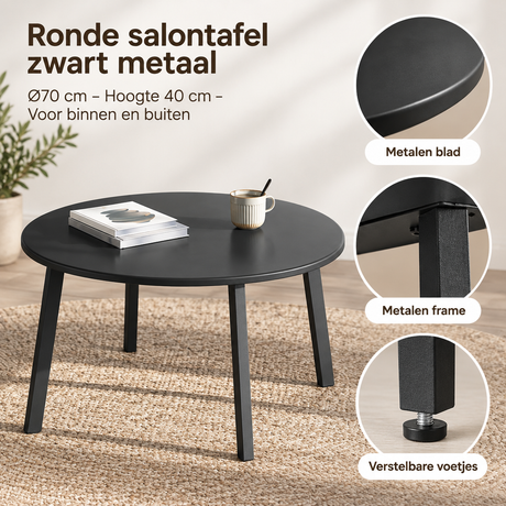 Ronde zwarte salontafel van metaal met diameter 70 cm en hoogte 40 cm, geschikt voor binnen en buiten, van BukkitBow