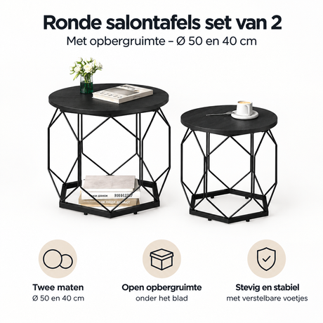 Set van 2 ronde salontafels van BukkitBow met opbergruimte, diameters 50 en 40 cm, modern design voor in de woonkamer.