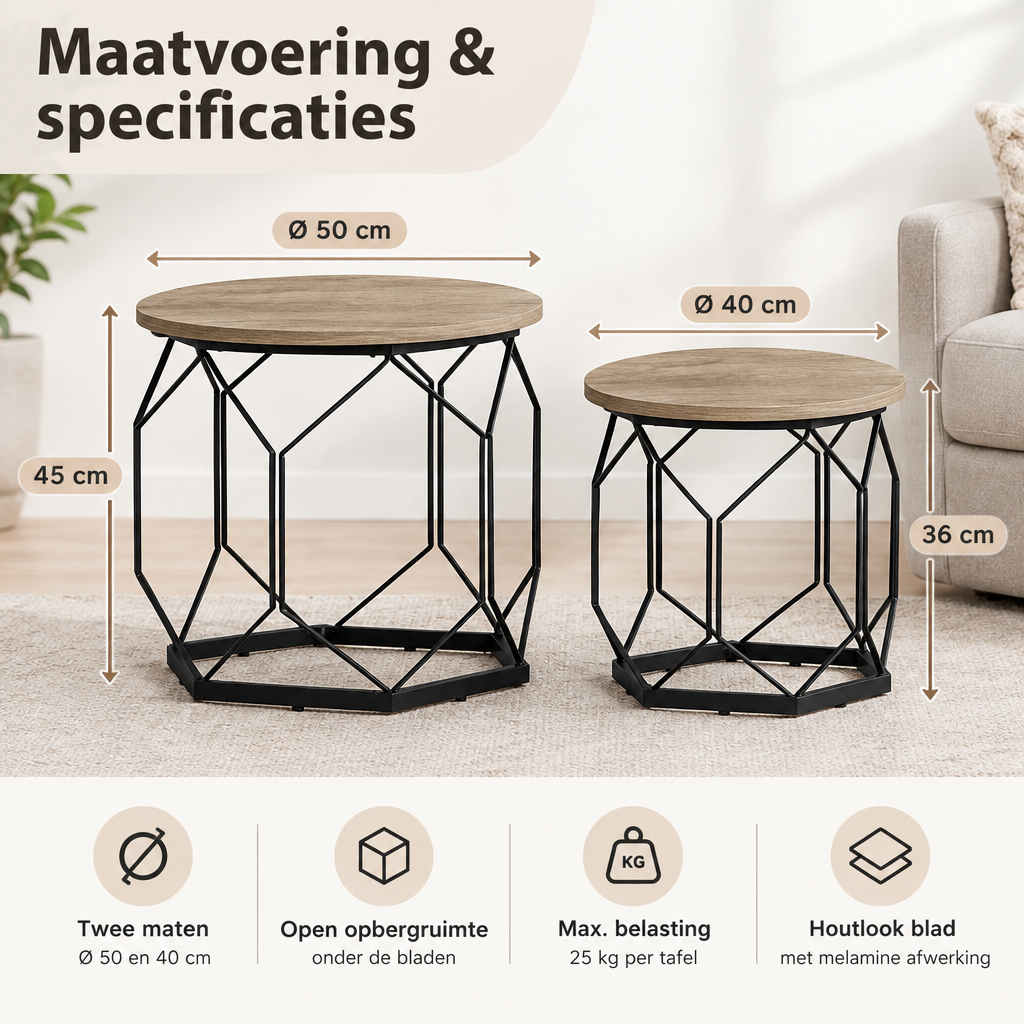 Afmetingen en productspecificaties van ronde salontafels set van 2