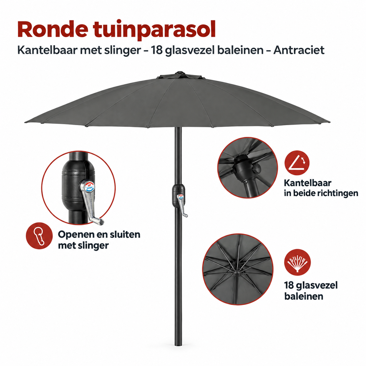 Ronde kantelbare tuinparasol van BukkitBow met 18 glasvezel baleinen en antracietkleur, biedt schaduw en bescherming in de tuin.
