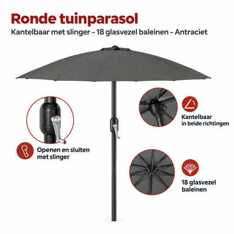 Ronde kantelbare tuinparasol van BukkitBow met 18 glasvezel baleinen en antracietkleur, biedt schaduw en bescherming in de tuin.
