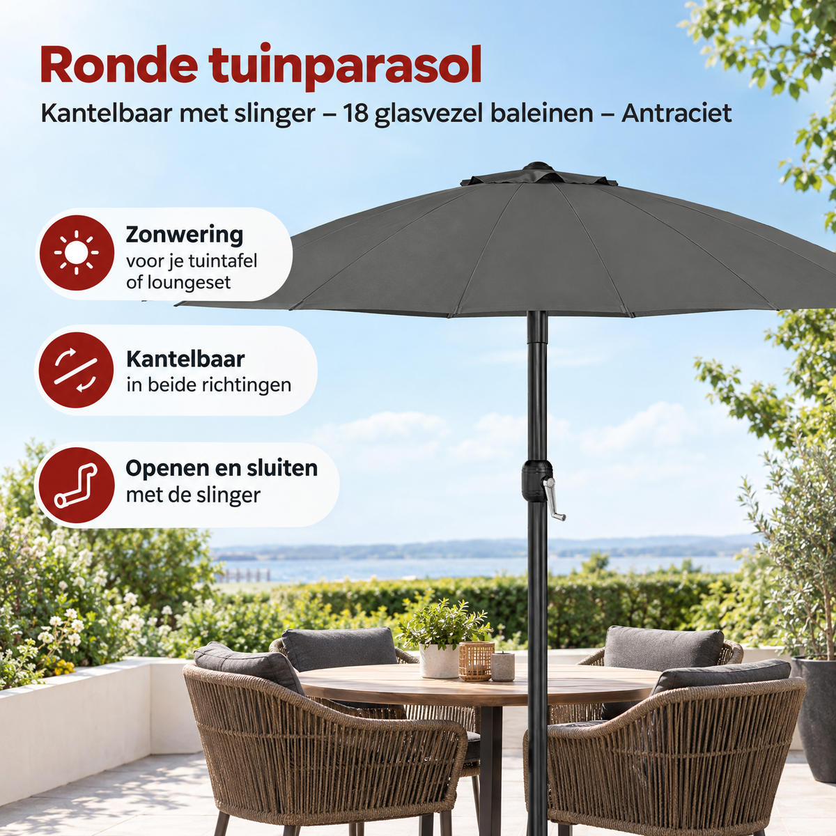 Ronde tuinparasol BukkitBow, kantelbaar met slinger en 18 glasvezel baleinen, in antracietkleur voor schaduw en bescherming