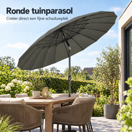 Ronde tuinparasol van BukkitBow, kantelbaar met slinger, 18 glasvezel baleinen, antracietkleur, voor schaduw in de tuin