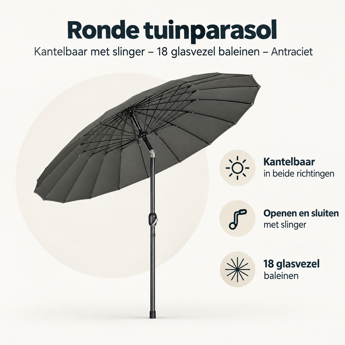 Ronde antracietkleurige tuinparasol van BukkitBow, kantelbaar met slinger en 18 glasvezelbaleinen voor schaduw en bescherming