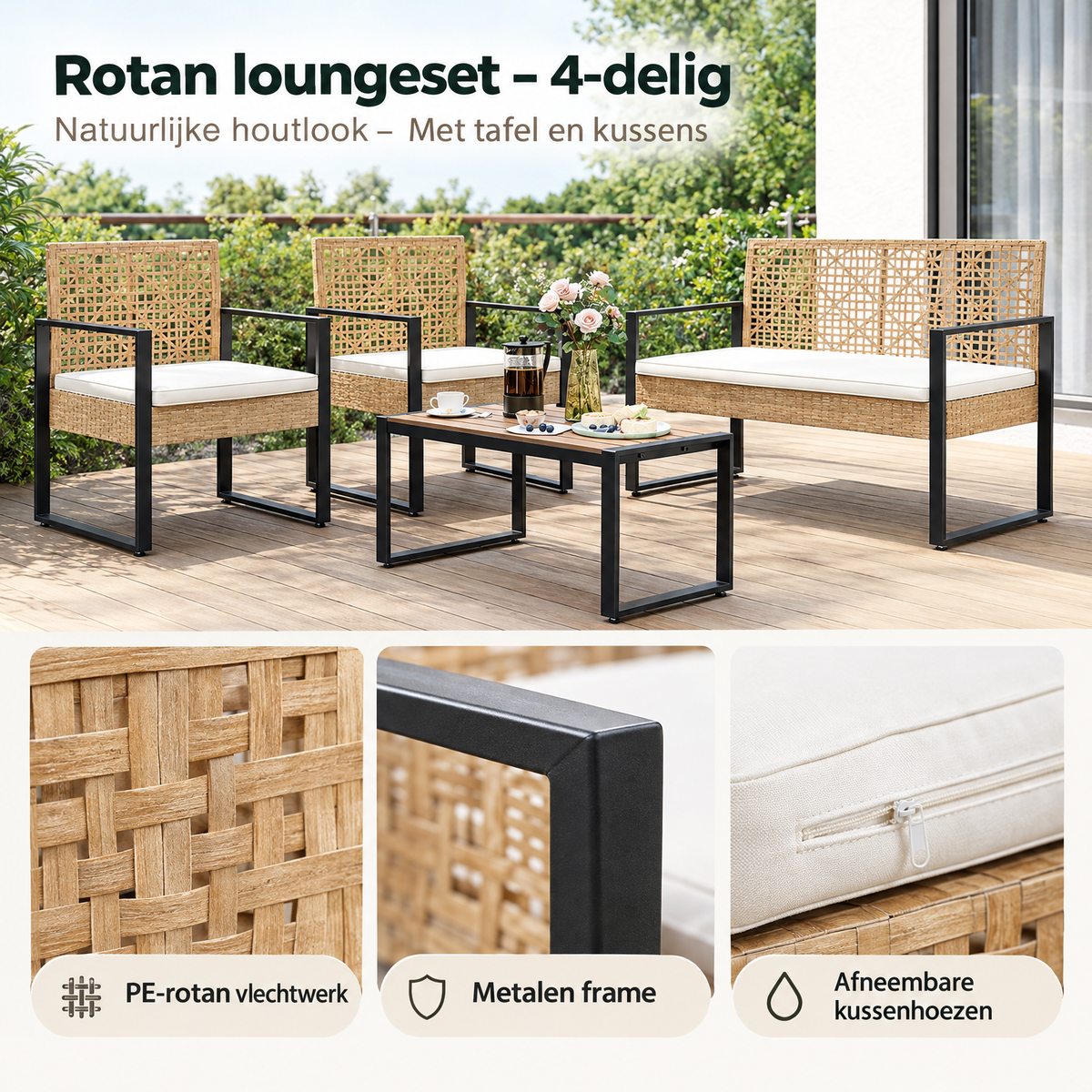 Rotan loungeset van BukkitBow met tafel, kussens en natuurlijke houtlook voor comfortabele buitenruimte.