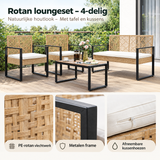 Rotan loungeset van BukkitBow met tafel, kussens en natuurlijke houtlook voor comfortabele buitenruimte.