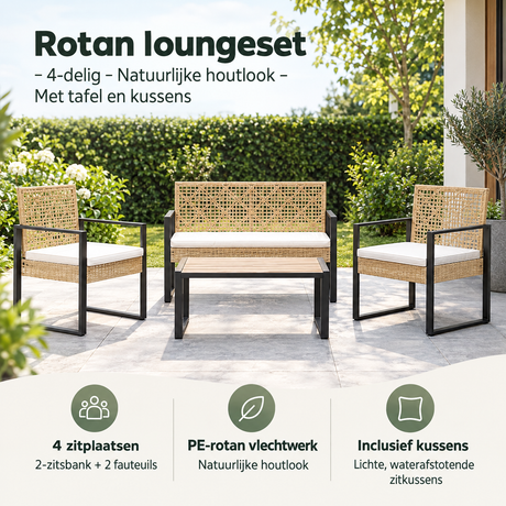 Rotan loungeset van BukkitBow met 4 delen, houtlook, tafel en comfortabele kussens voor buitengebruik.