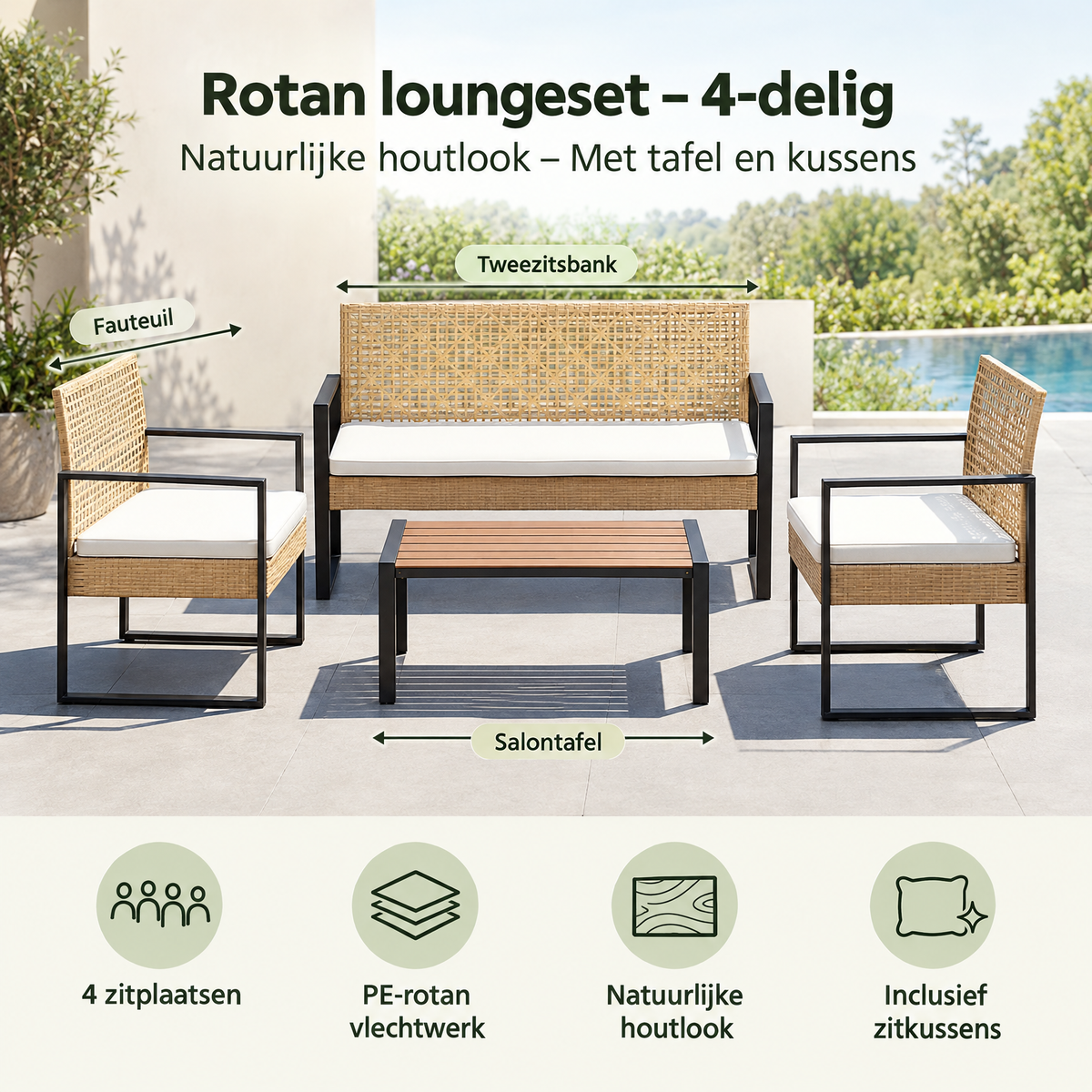 Rotan loungeset van BukkitBow met 4 delen, natuurlijke houtlook, tafel en comfortabele kussens op een terras.
