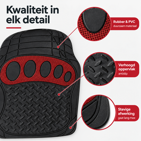 Set van 4 zwarte en rode rubberen automatten van BukkitBow, universeel passend, gedetailleerde weergave van het materiaal