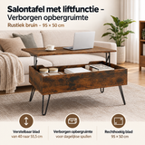 Rustieke bruine salontafel van BukkitBow met liftfunctie en verborgen opbergruimte, afmetingen 95x50 cm.