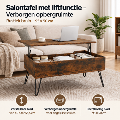 Rustieke bruine salontafel van BukkitBow met liftfunctie en verborgen opbergruimte, afmetingen 95x50 cm.