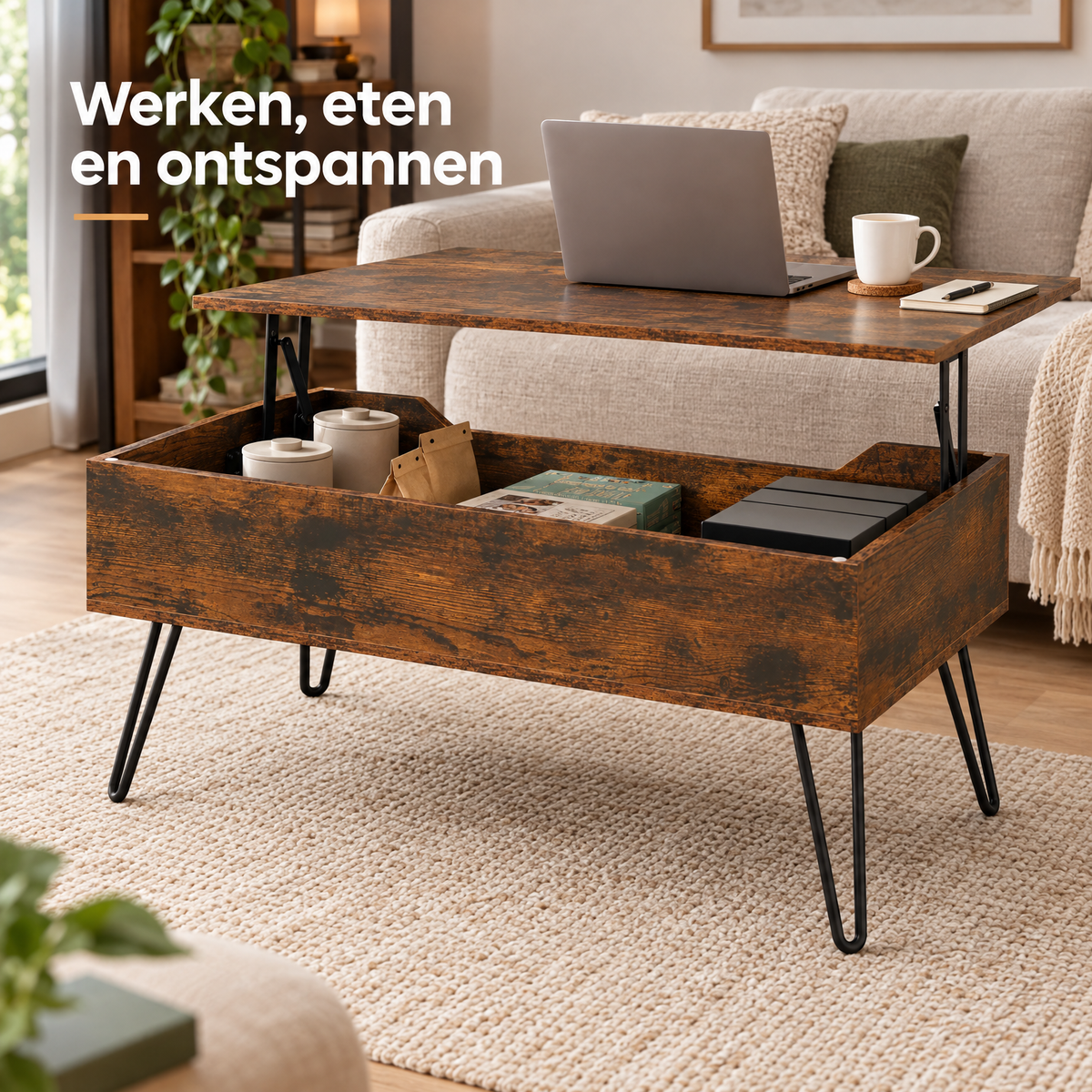 Rustieke salontafel met liftfunctie en verborgen opbergruimte, bruin kleur, 95x50 cm, van BukkitBow.