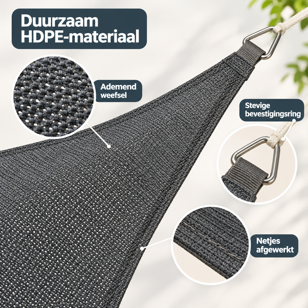 Detail van materiaal en afwerking van schaduwdoek driehoek