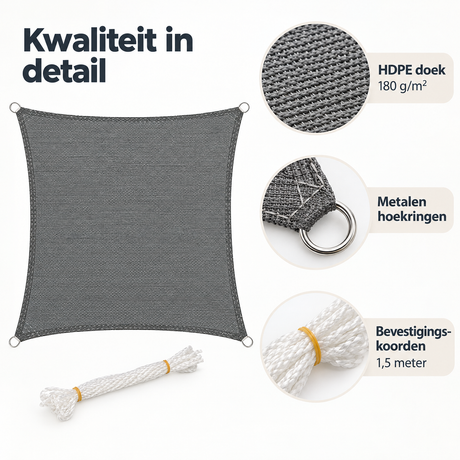 Detail van materiaal en afwerking van schaduwdoek waterdoorlatend