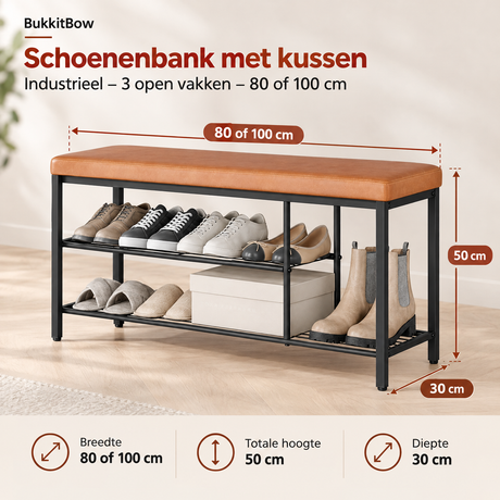 Afmetingen en productspecificaties van schoenenbank met kussen