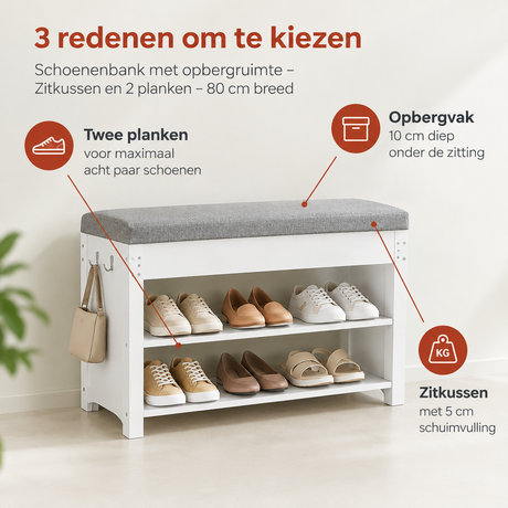 Belangrijkste voordelen en eigenschappen van schoenenbank met opbergruimte