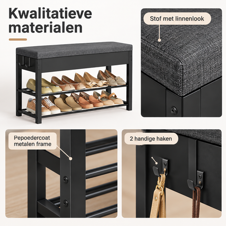 Detail van materiaal en afwerking van schoenenbank met opbergruimte