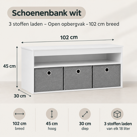 Afmetingen en productspecificaties van schoenenbank wit