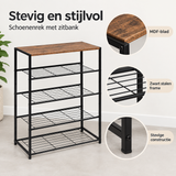 Detail van materiaal en afwerking van schoenenrek met zitbank