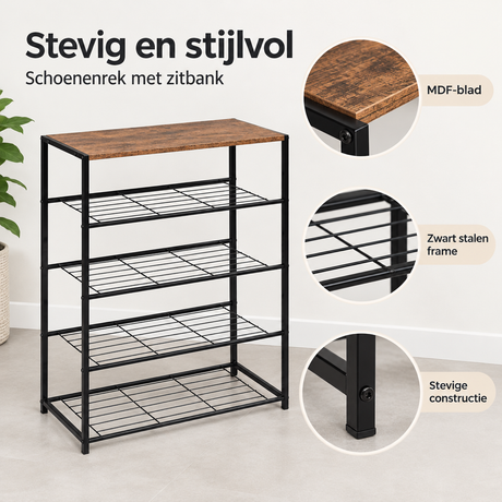 Detail van materiaal en afwerking van schoenenrek met zitbank