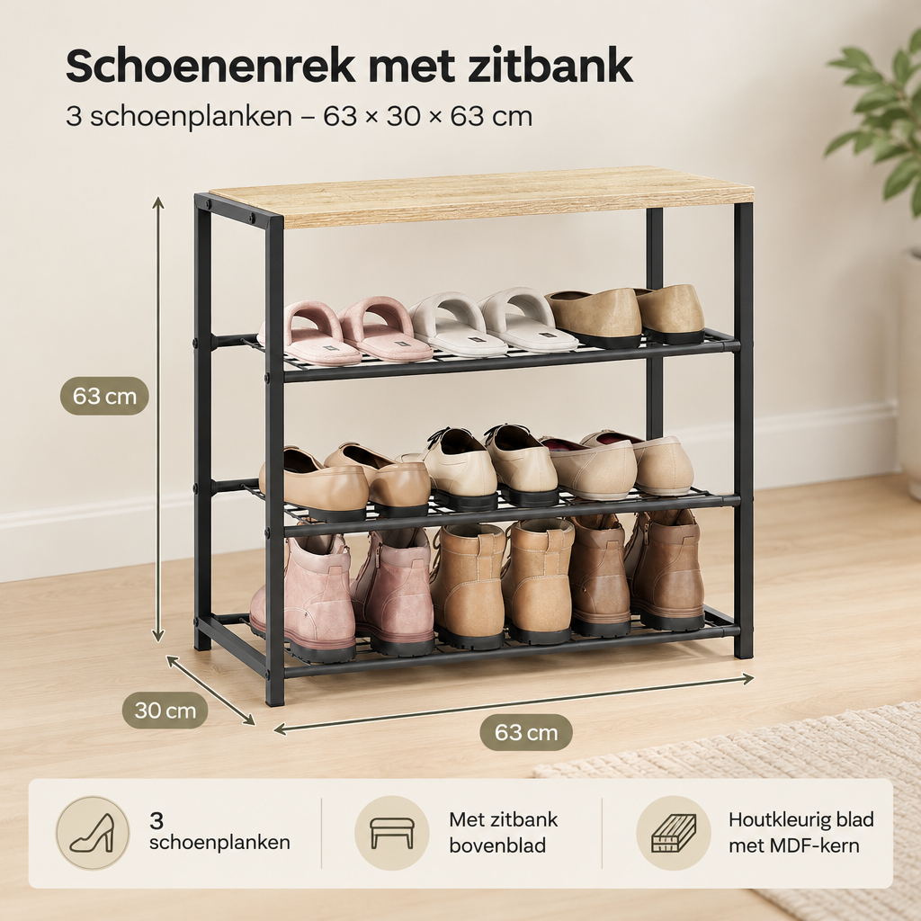 Afmetingen en productspecificaties van schoenenrek met zitbank