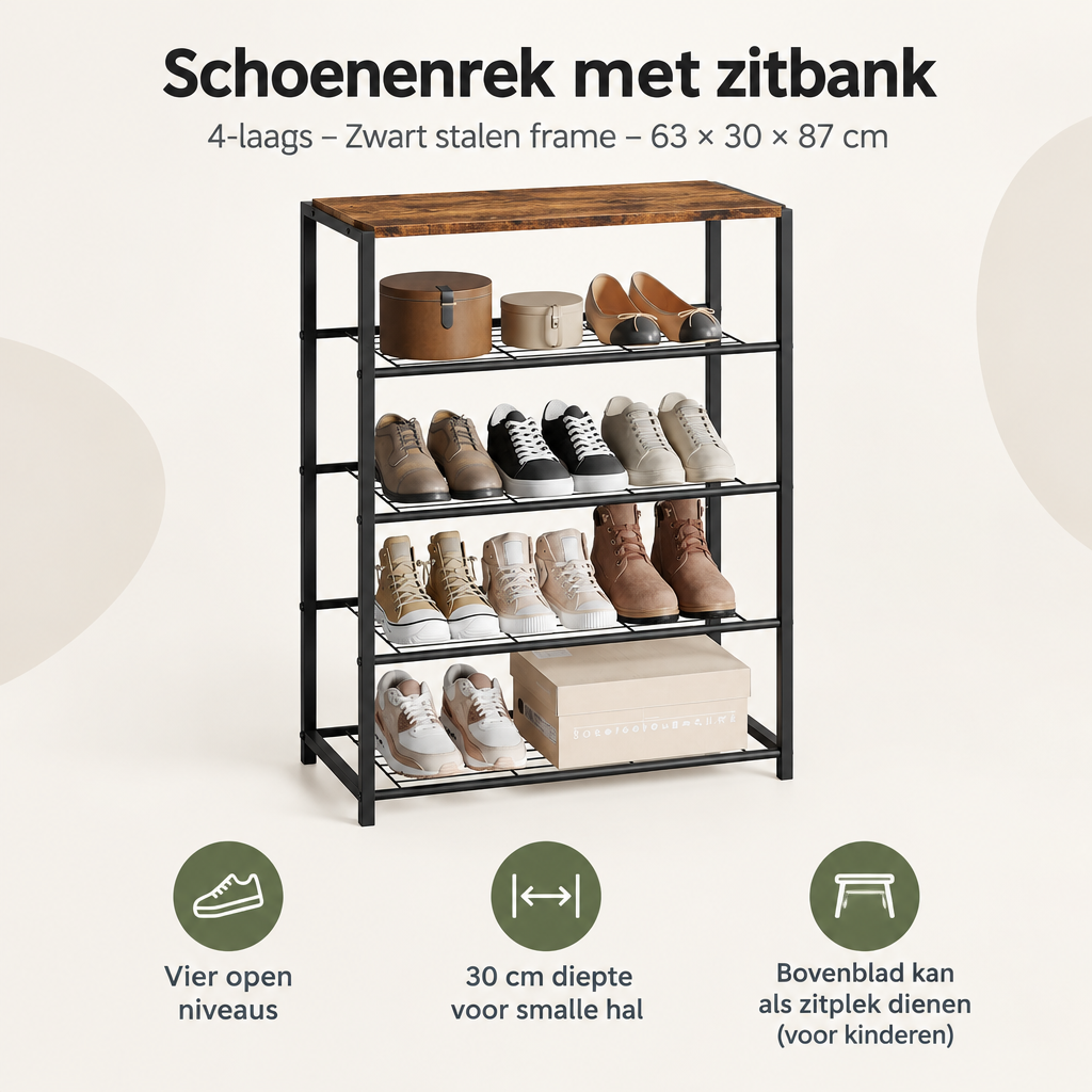 Overzicht van schoenenrek met zitbank met de belangrijkste productvoordelen