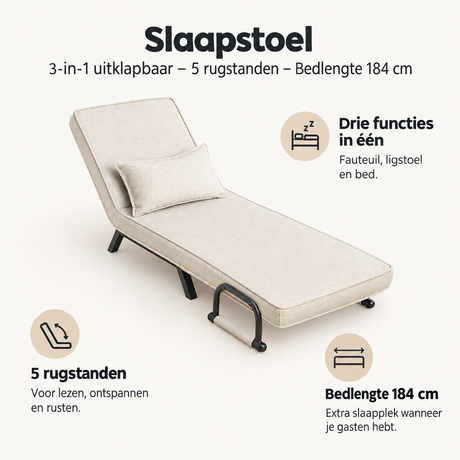 BukkitBow slaapstoel 3-in-1 uitklapbaar met 5 rugstanden en bedlengte van 184 cm, ideaal voor comfortabel slapen en relaxen.