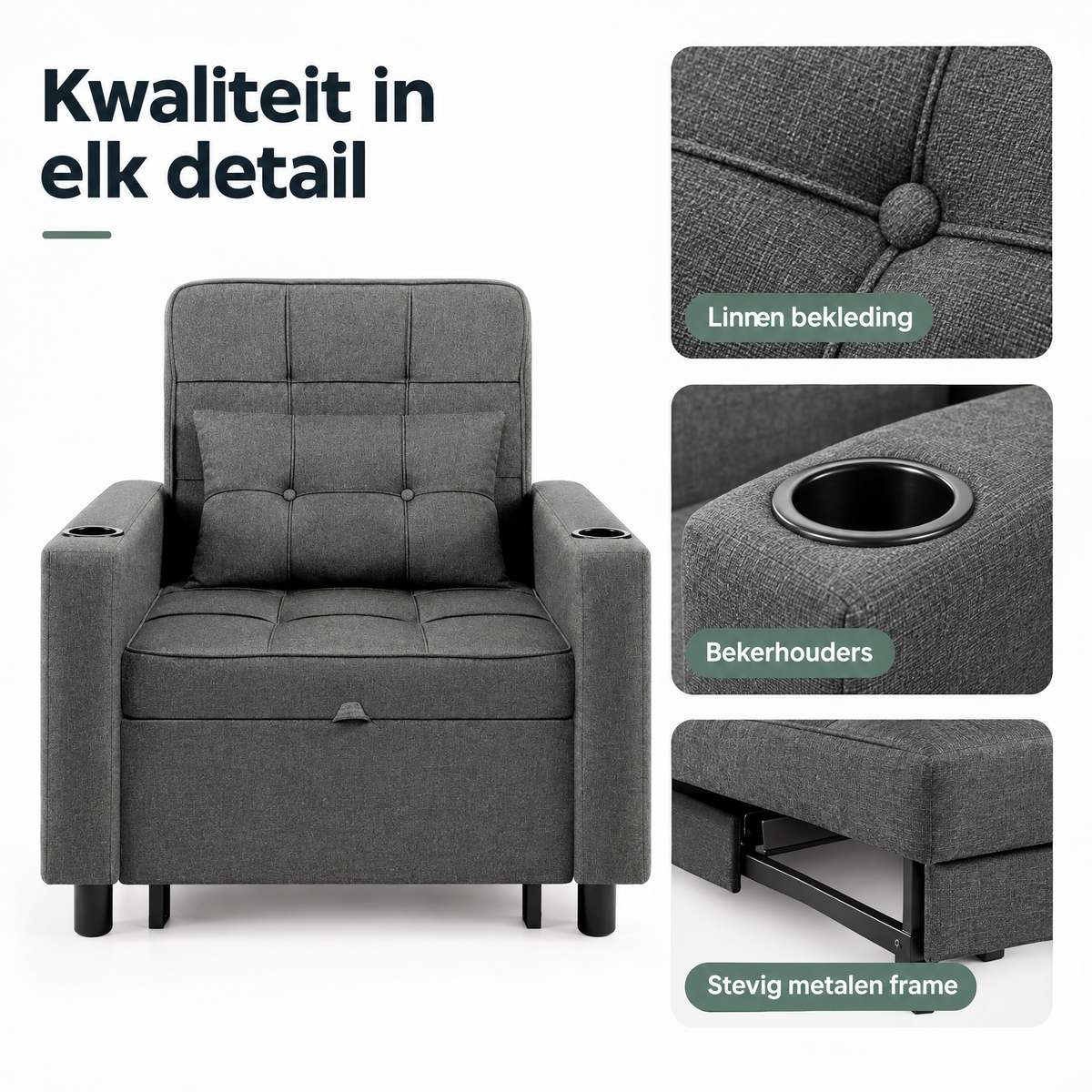 Donkergrijze BukkitBow slaapstoel met uitschuifbare functie, bekerhouders en zachte stof voor comfortabel zitten en slapen.