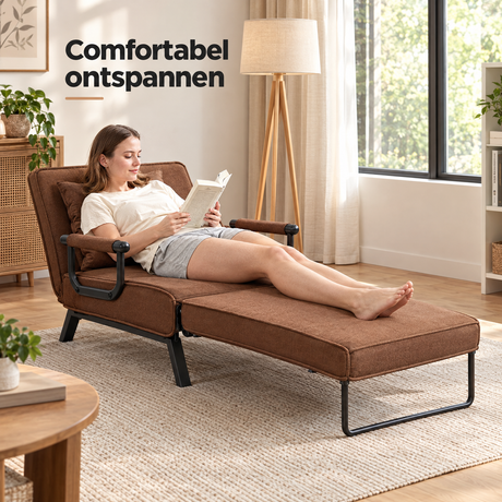 BukkitBow slaapstoel 3-in-1 uitklapbaar met 5 rugstanden en bedlengte 184 cm, geschikt voor comfortabel loungegebruik.