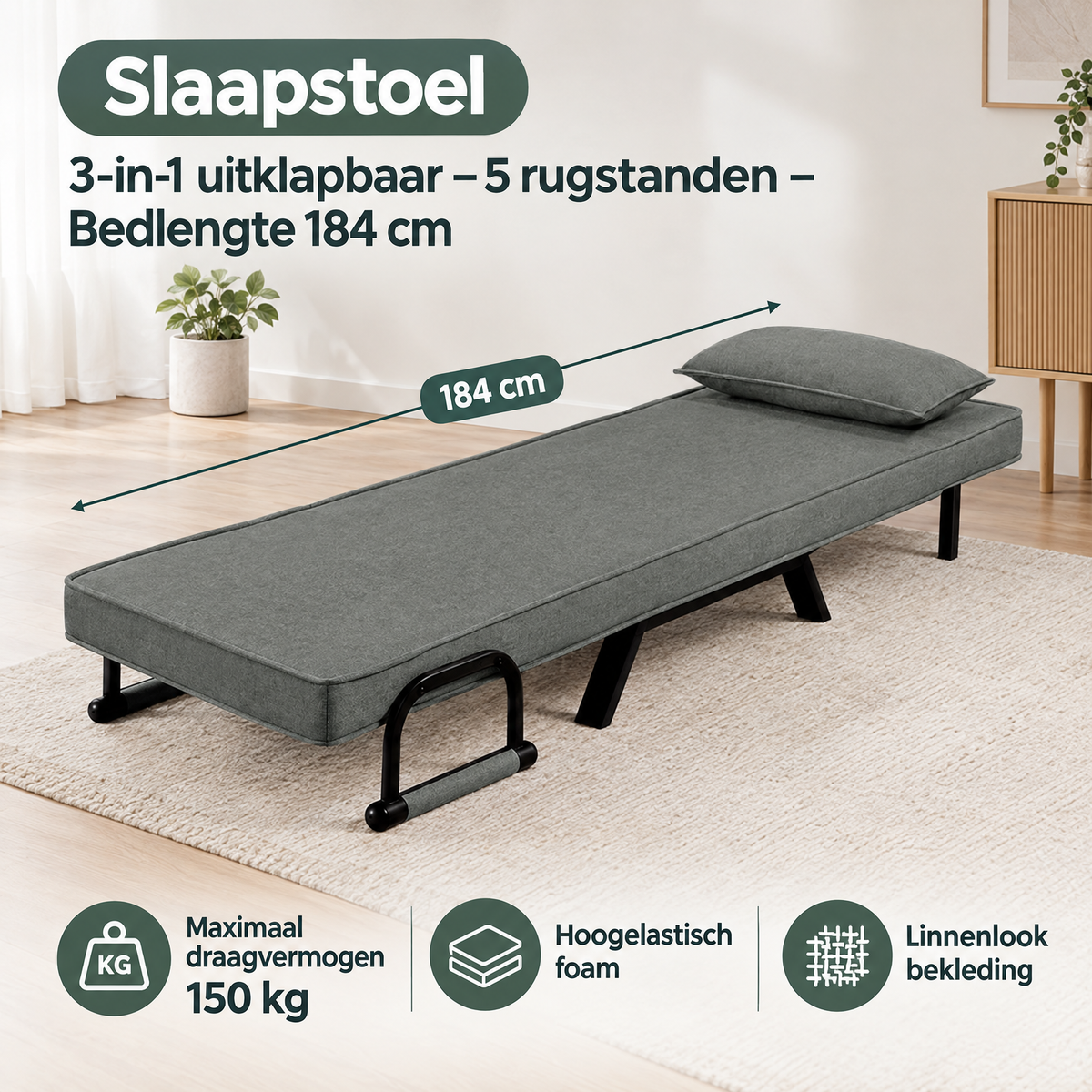 BukkitBow slaapstoel 3-in-1 uitklapbaar met 5 rugstanden en bedlengte van 184 cm, weergegeven in specificatie-afbeelding
