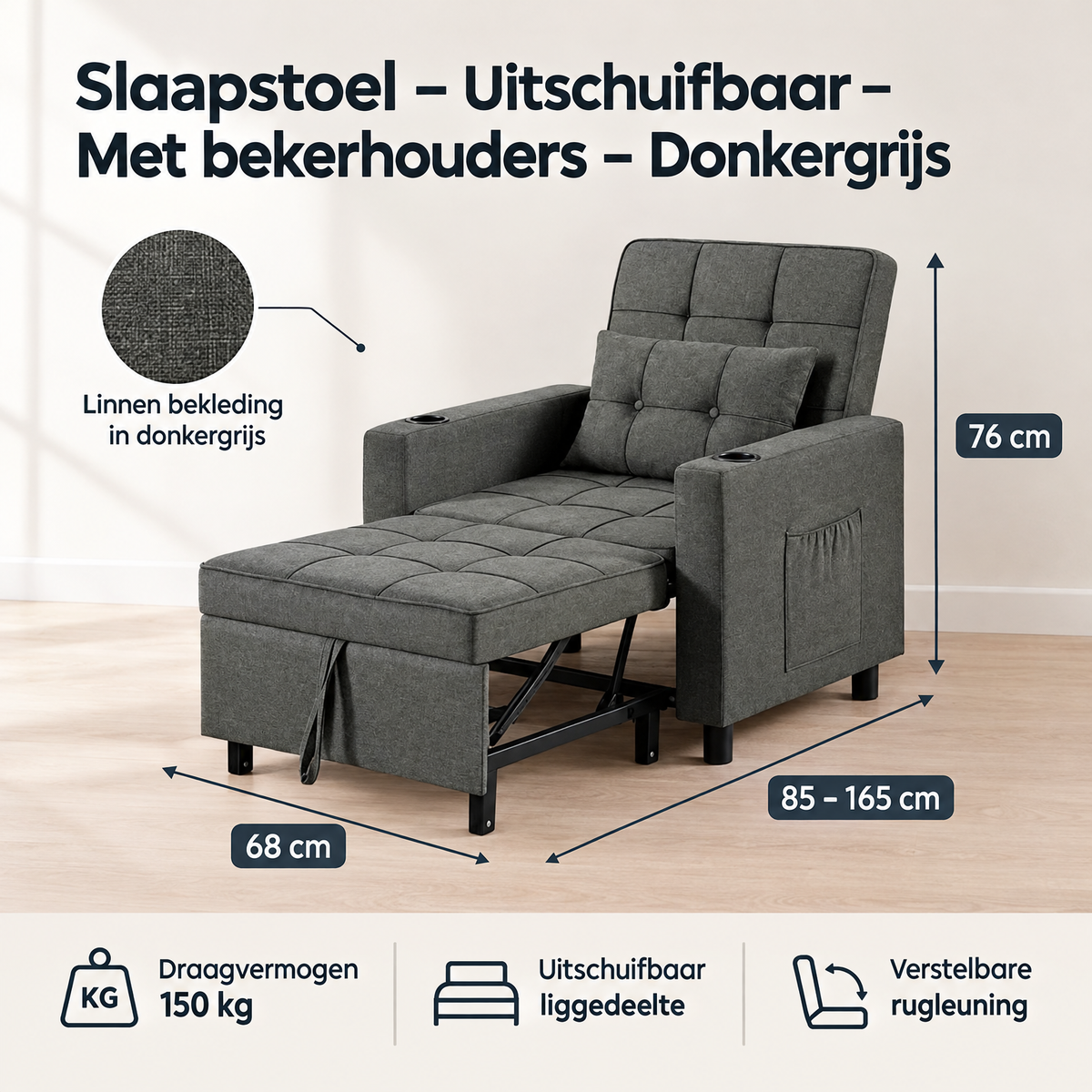 Donkergrijze BukkitBow slaapstoel met uitschuifbare slaapfunctie en bekerhouders, zichtbaar op specificatieplaatje.