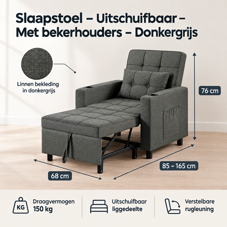 Donkergrijze BukkitBow slaapstoel met uitschuifbare slaapfunctie en bekerhouders, zichtbaar op specificatieplaatje.
